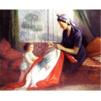 ١٩٥٠ - أم تخيط العلم أمام طفلتها